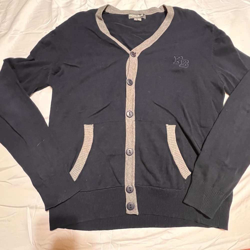 Pacific Blue Mens Cardigan Sweater XL Navy Blue Grey Trim Button Front PB Logo